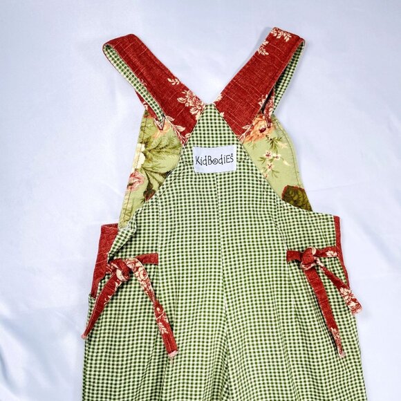 Vintage Boho Neutral Gingham Green Floral Cropped Overalls Romper Small / 5 - 6 - Picture 4 of 14